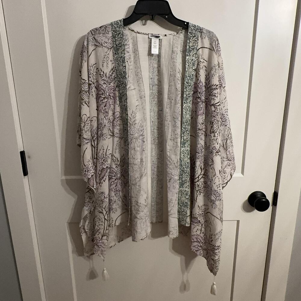 Floral Kimono Blouse Womens S-L Multicolor Tassel Hem Boho Summer Festival